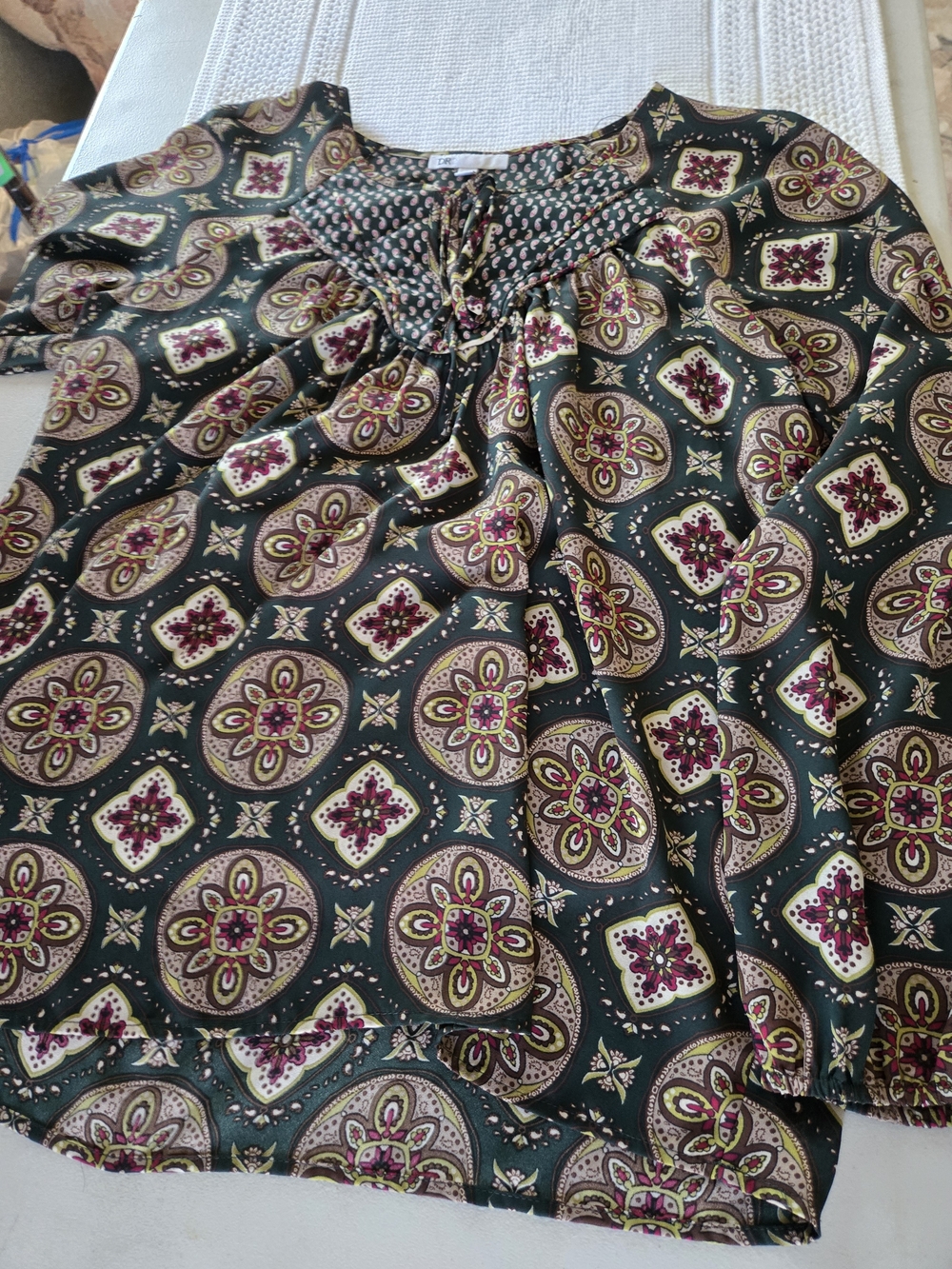DR2 Green Paisley-Print Wrap Top with Pink and Yellow Accents